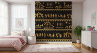 Indian Warli folk art mural with dancers, farmers, animals, and village homes