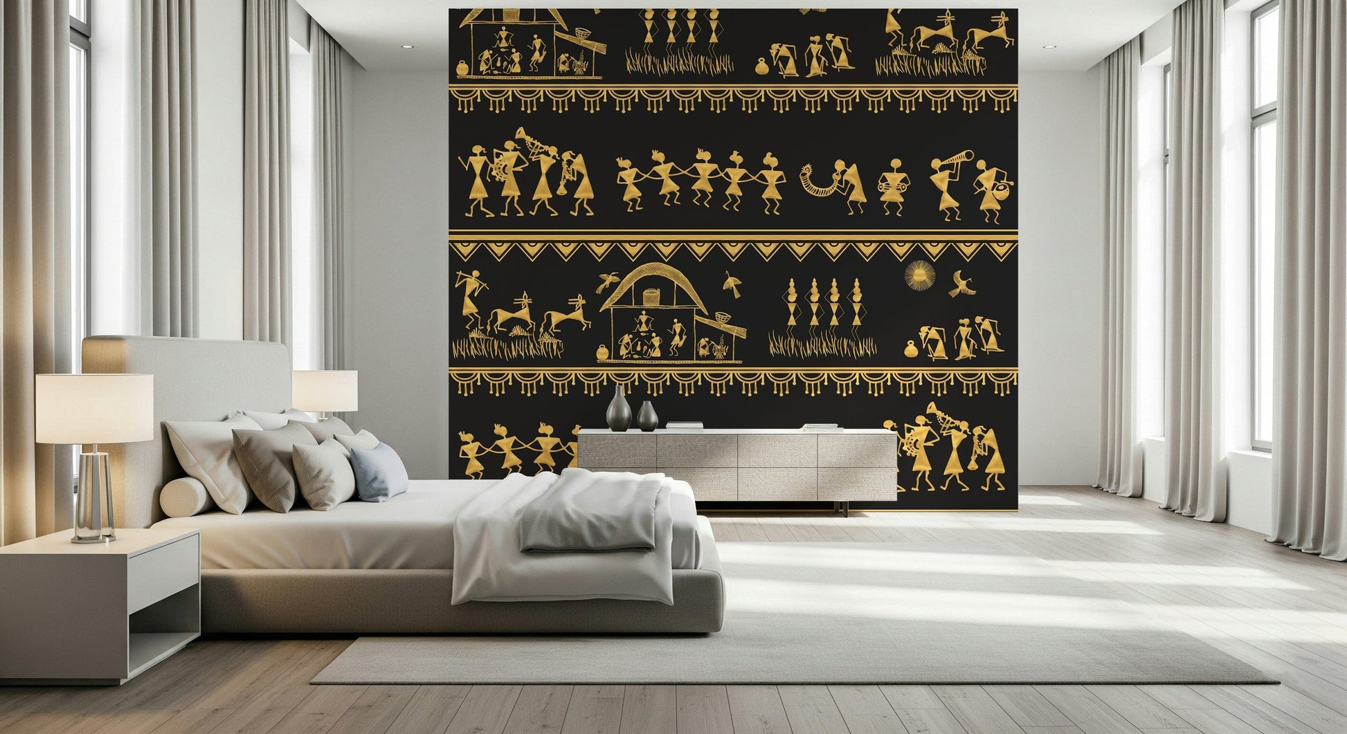 Traditional Warli wall mural depicting rural life scenes and community rituals
