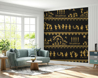 Hand-painted Warli art mural with tribal figures, huts, and musical celebrations