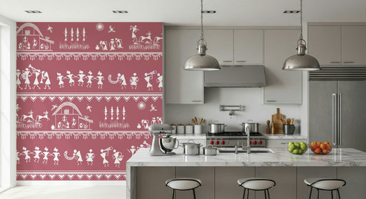 Handcrafted Warli mural with rhythmic tribal figures and musicians