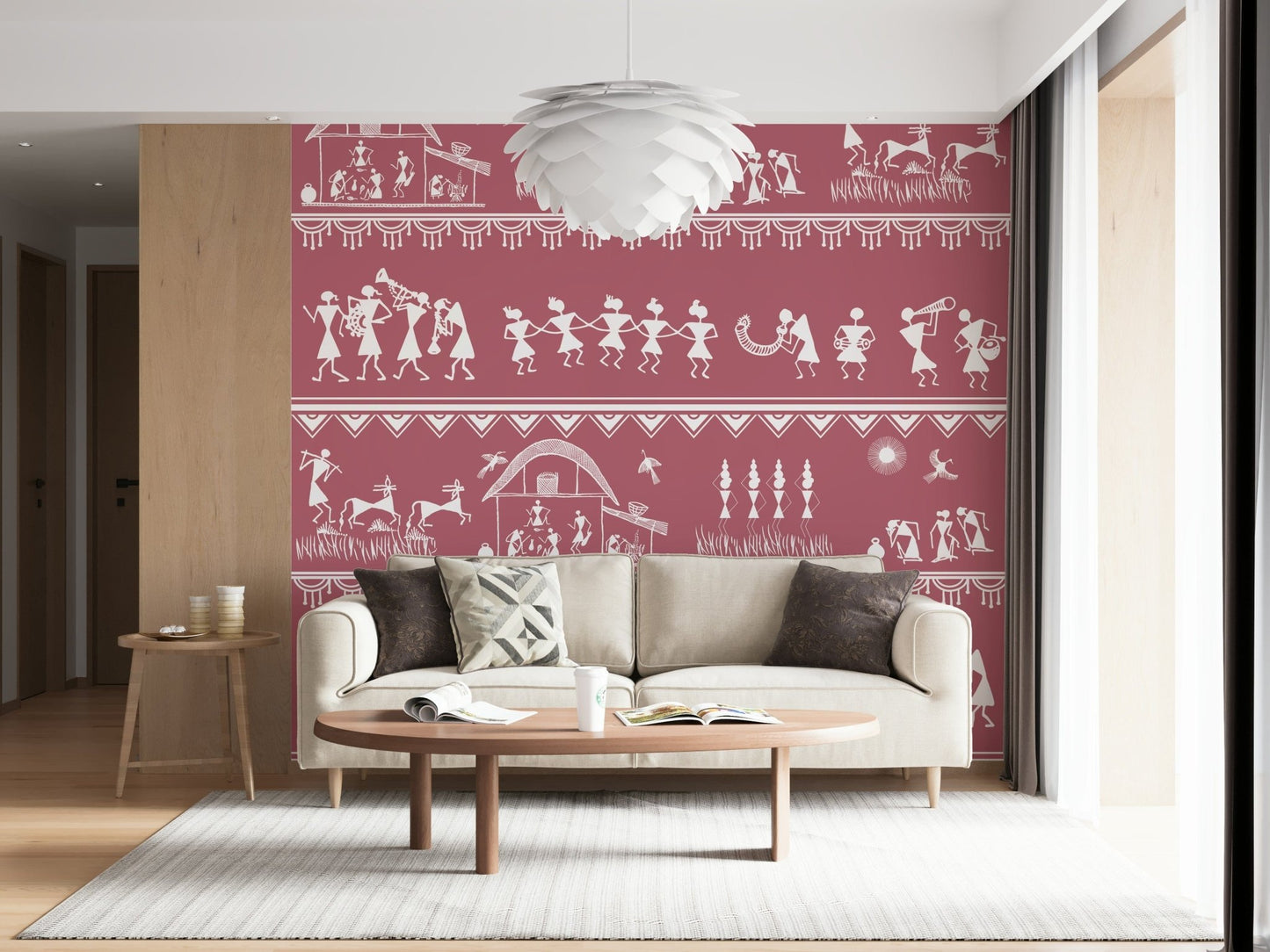 Warli Utsav mural featuring dancers, animals, and musical instruments