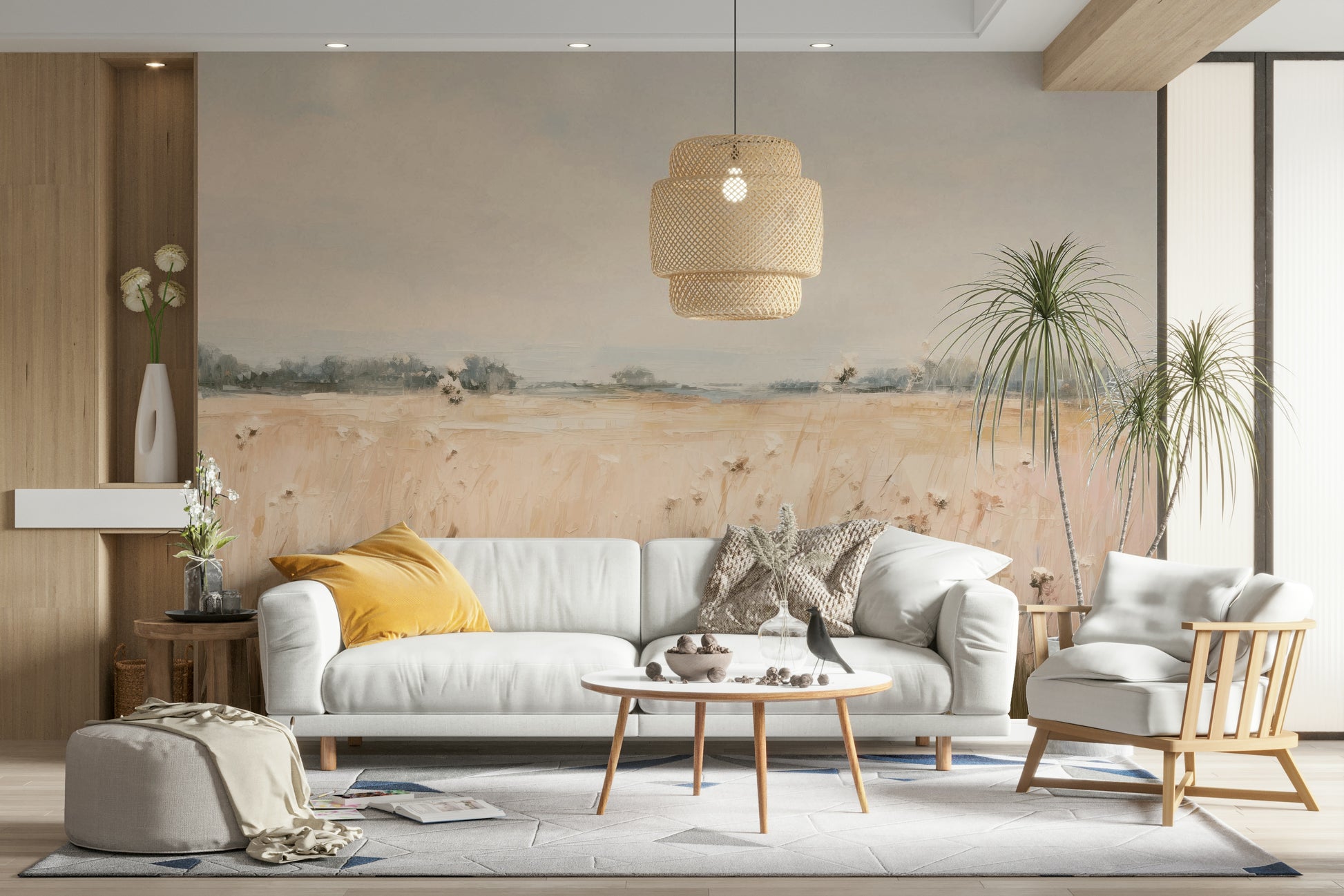 Artistic mural with August fields and soft sky

