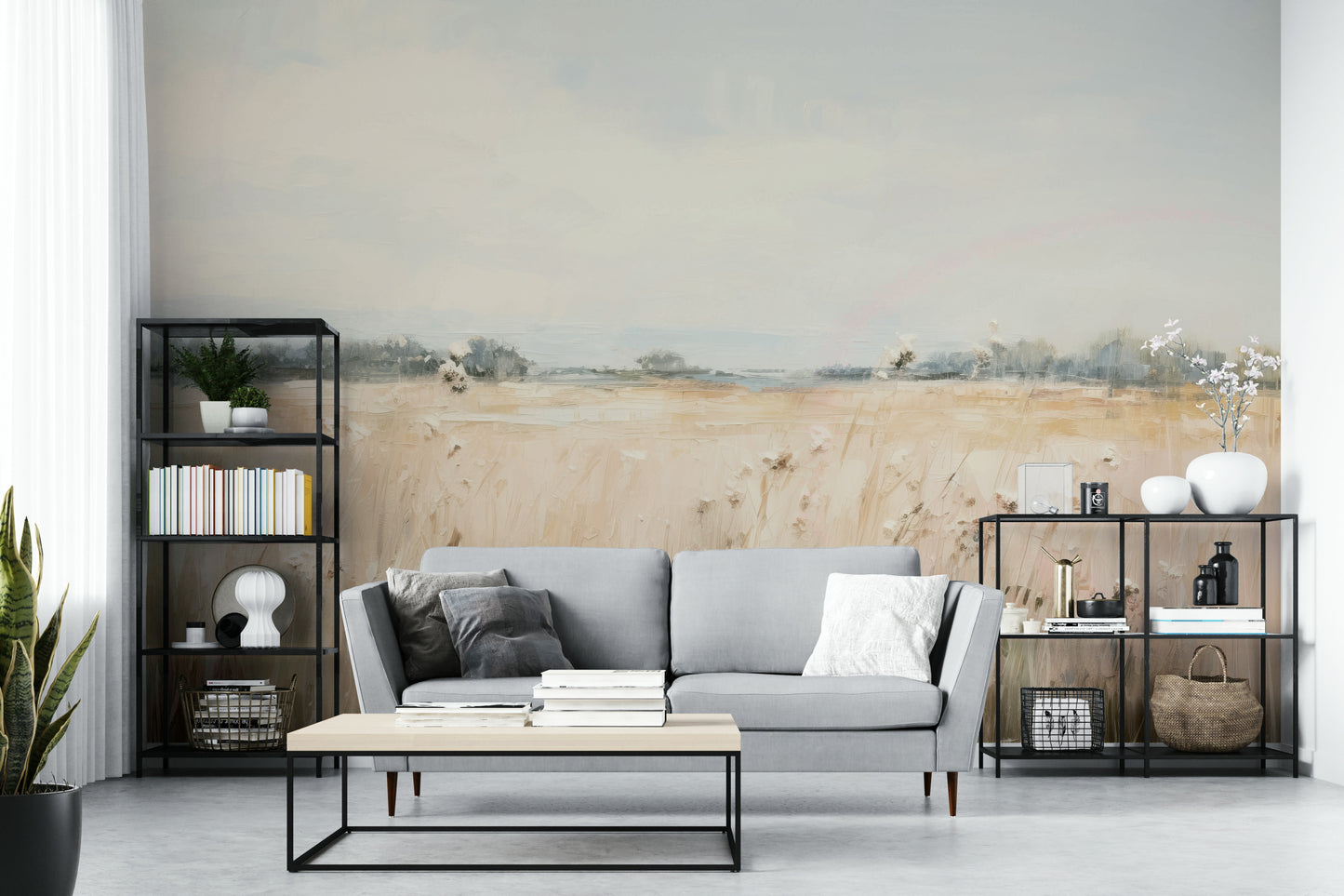 Abstract August mural in soft earthy shades

