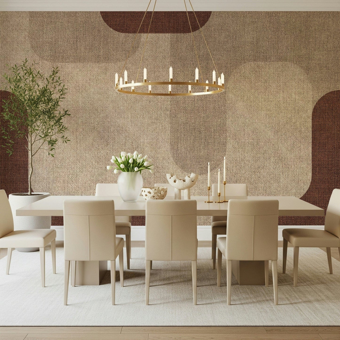 Flowing mocha shapes decorate this modern wallpaper.