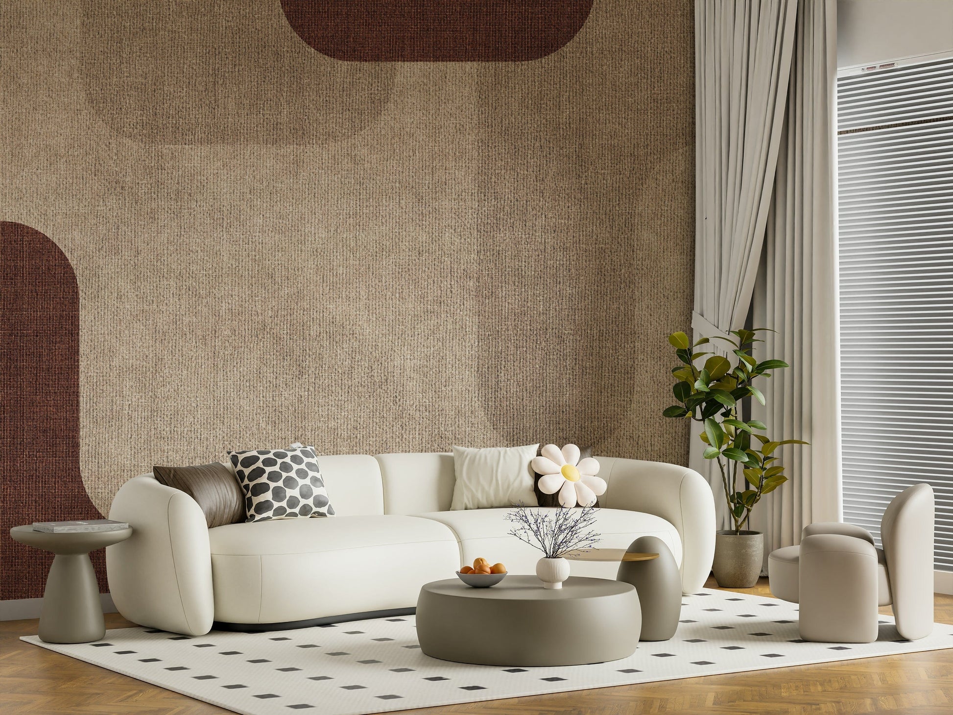 Warm Curves Design wallpaper for walls, fabric texture, brown beige tones.
