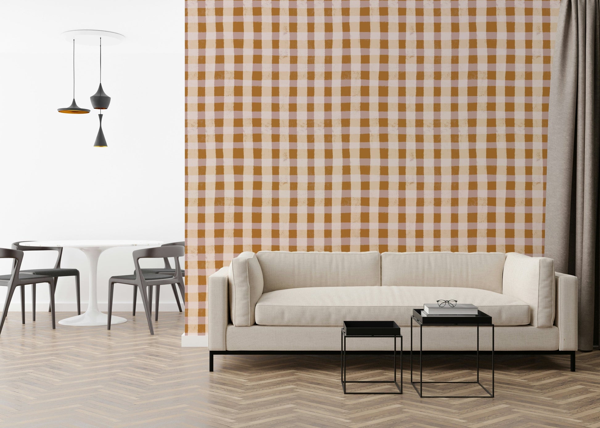 A classic gingham wallpaper pattern softened with textured brown and beige brushwork.