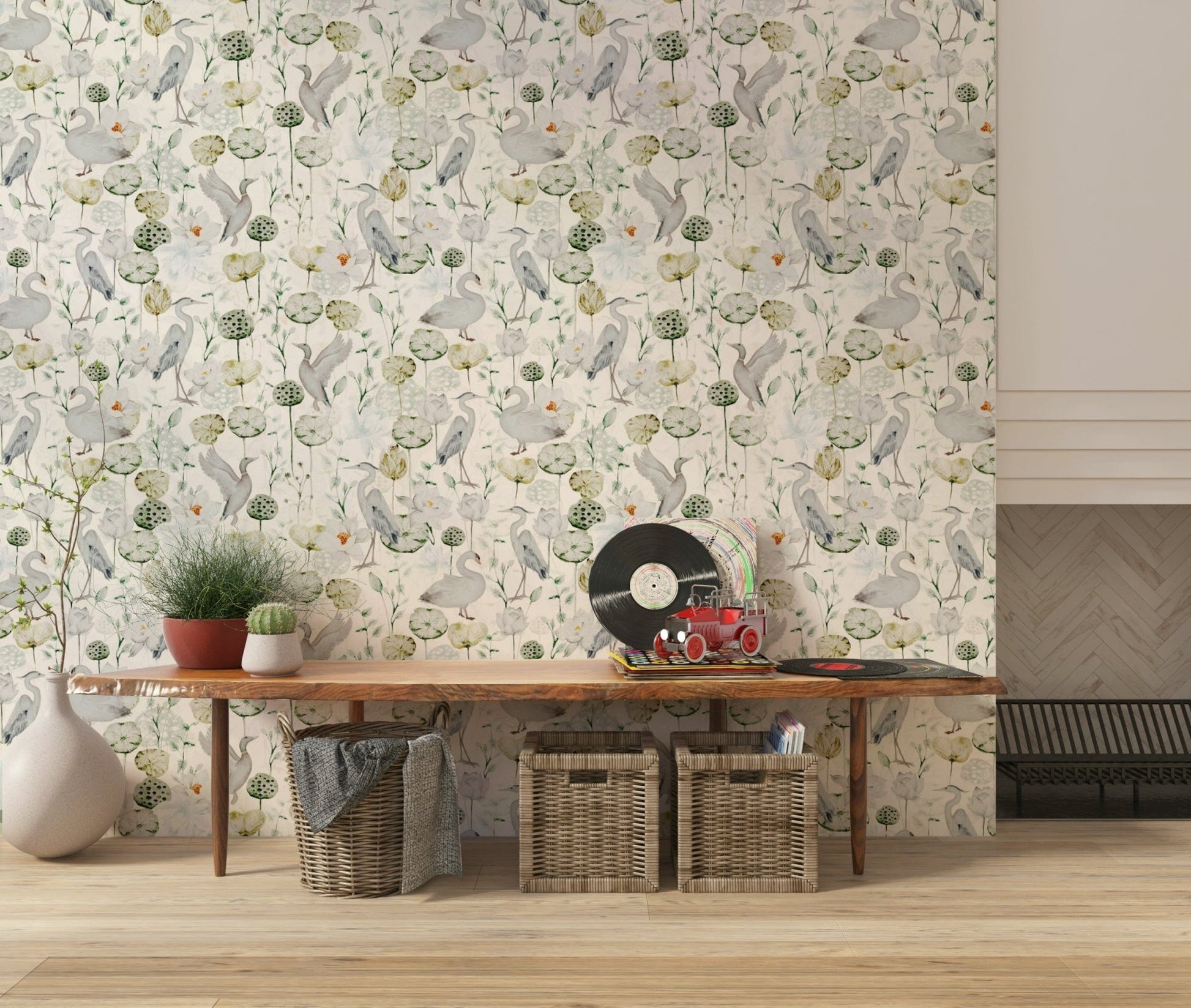 Peel and stick Water Garden Serenity, neutral botanical aviary print.