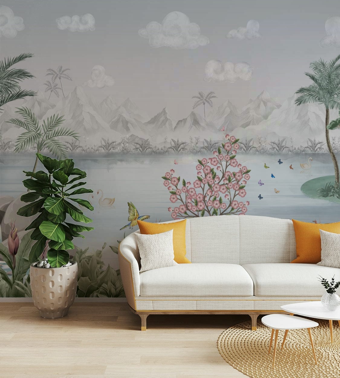 The design features a pond with soft water lilies and leaves.

