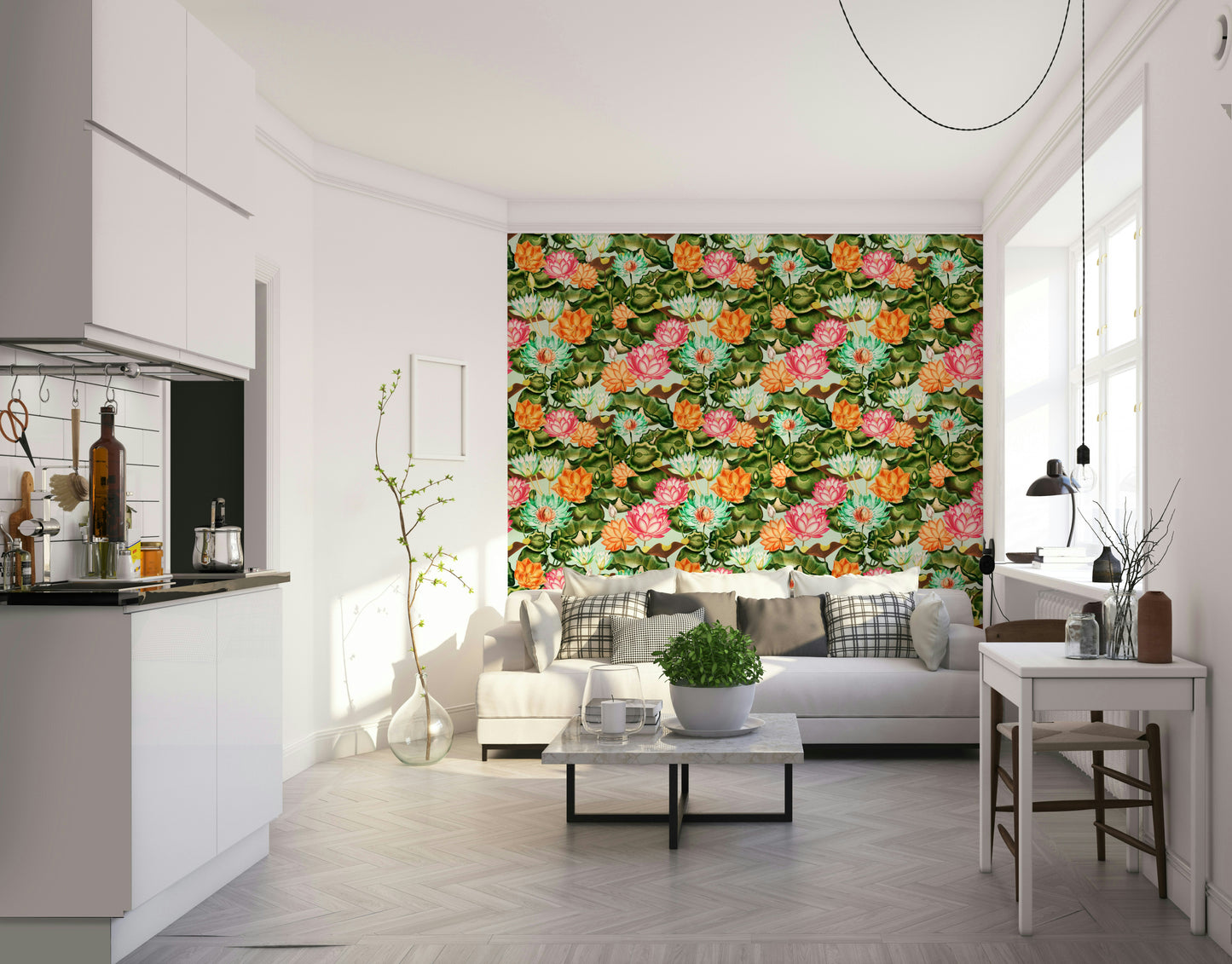 Water Lily Dreams wall mural featuring delicate flowers and peaceful water reflections.

