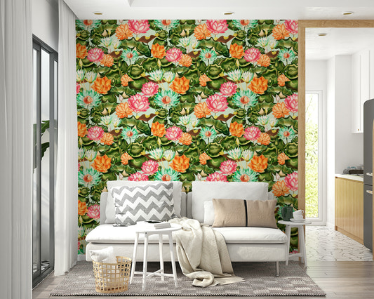 Close-up of Water Lily Dreams wall mural featuring soft water lilies and greenery.


