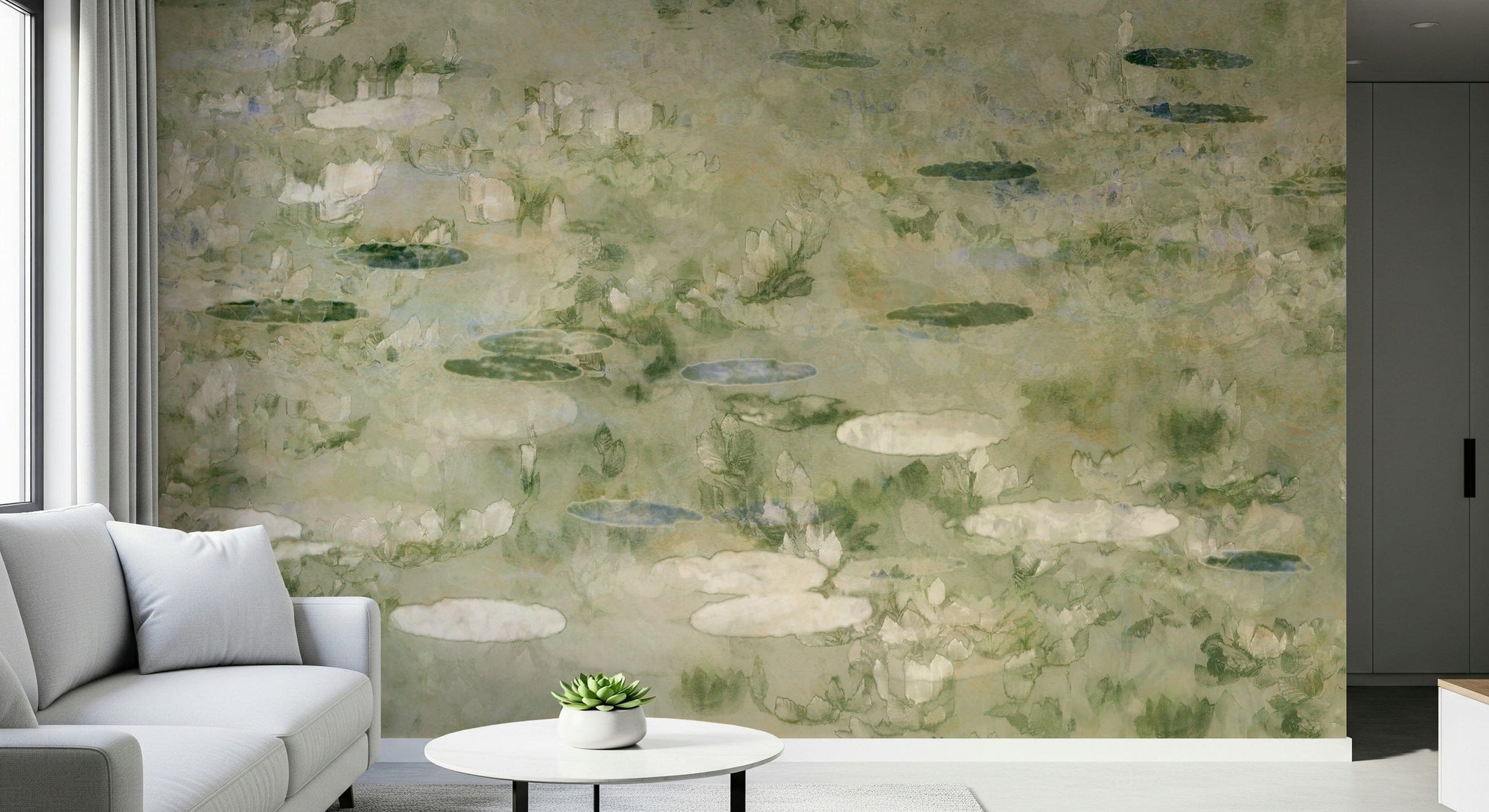 Water Lily Dreams wallpaper mural of an impressionist green lily pond behind a white sofa in a calm living room