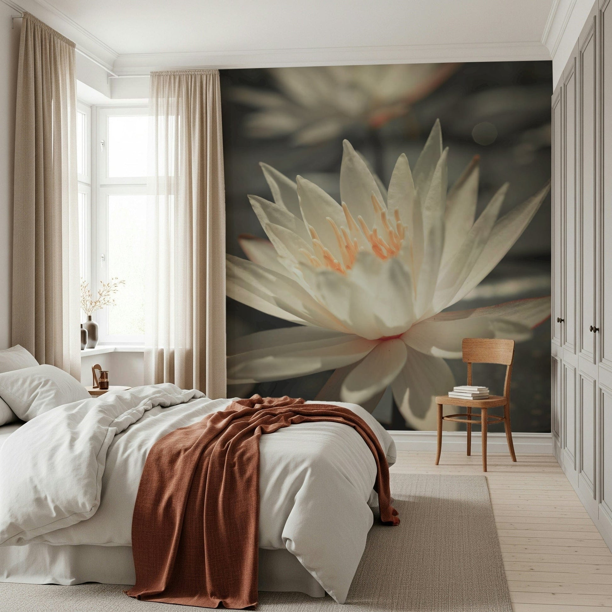 Beautiful flower detail Water Lily mural subtle color pop design.
