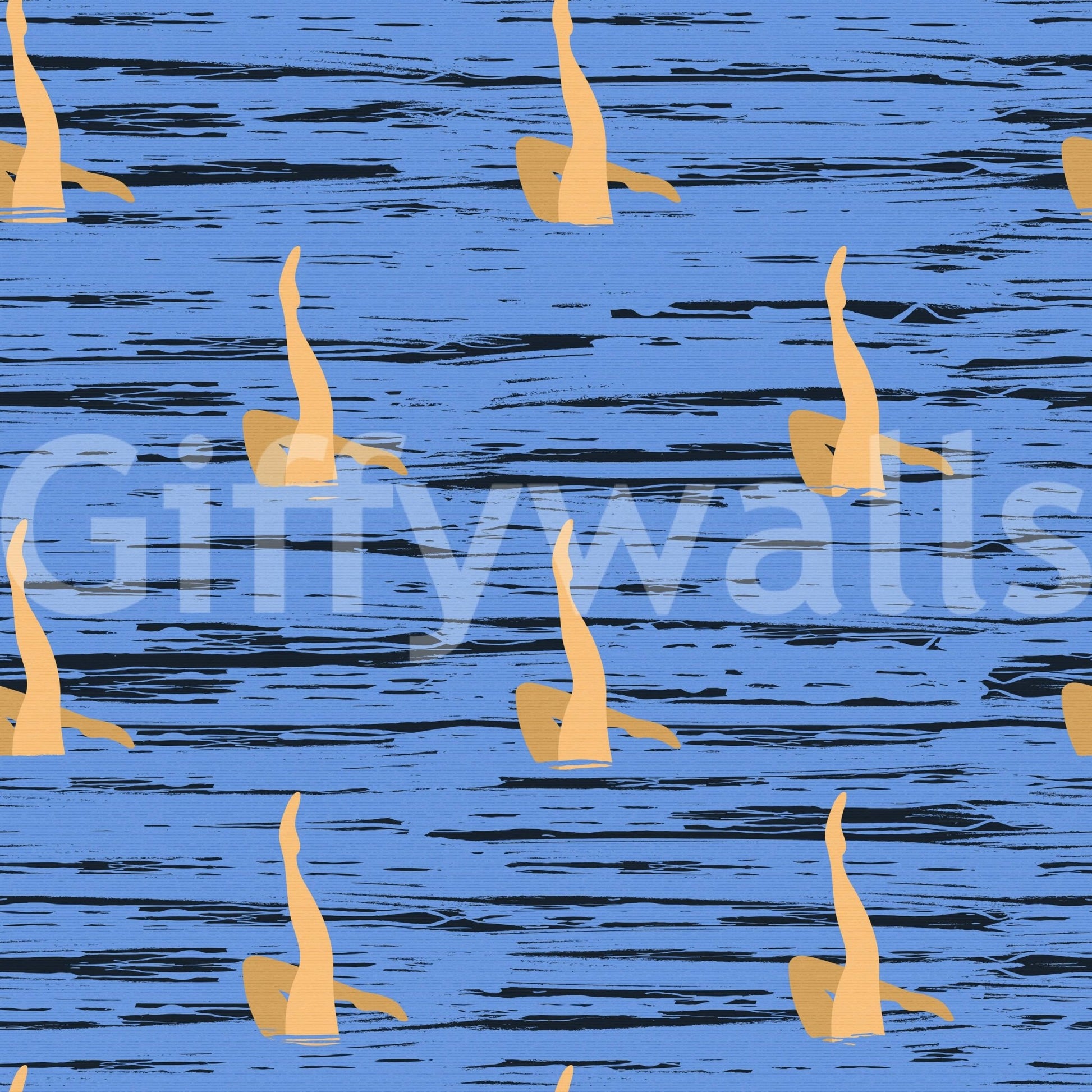 Patterned water rhythms wallpaper combining blue textured waves with soft golden accents.