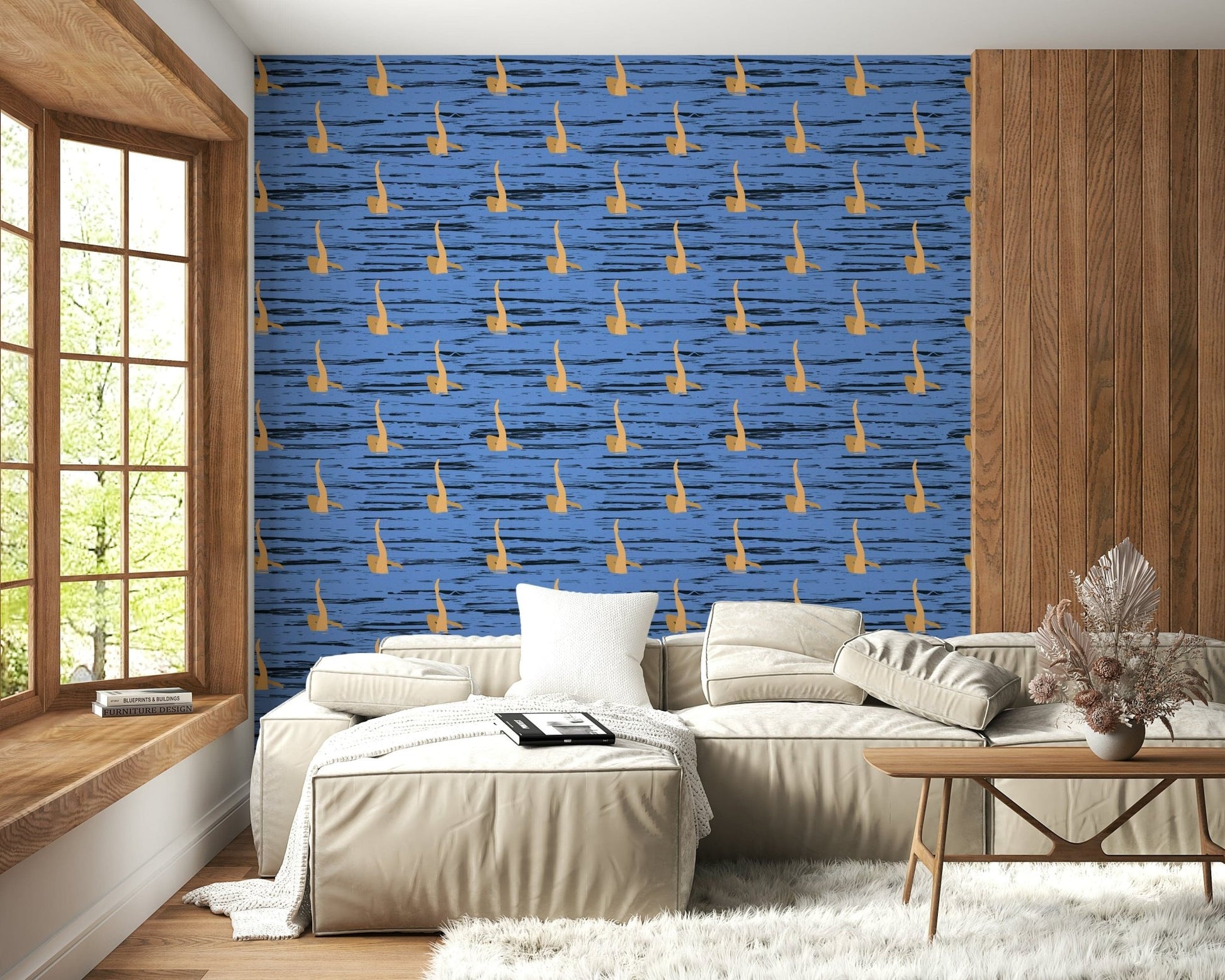 Abstract blue wallpaper mural with gold shapes creating a flowing water rhythm effect.