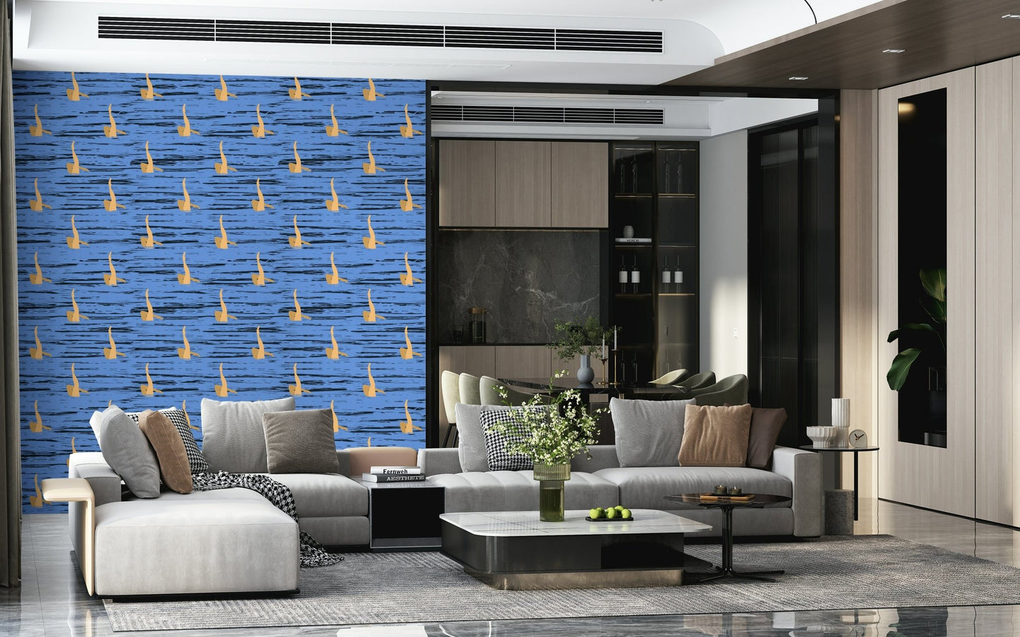 Blue water-themed wallpaper mural with rhythmic black strokes and gold organic motifs.