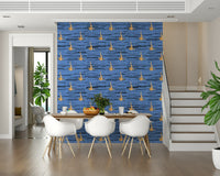 Modern water rhythms wallpaper featuring layered blue strokes and scattered gold forms.