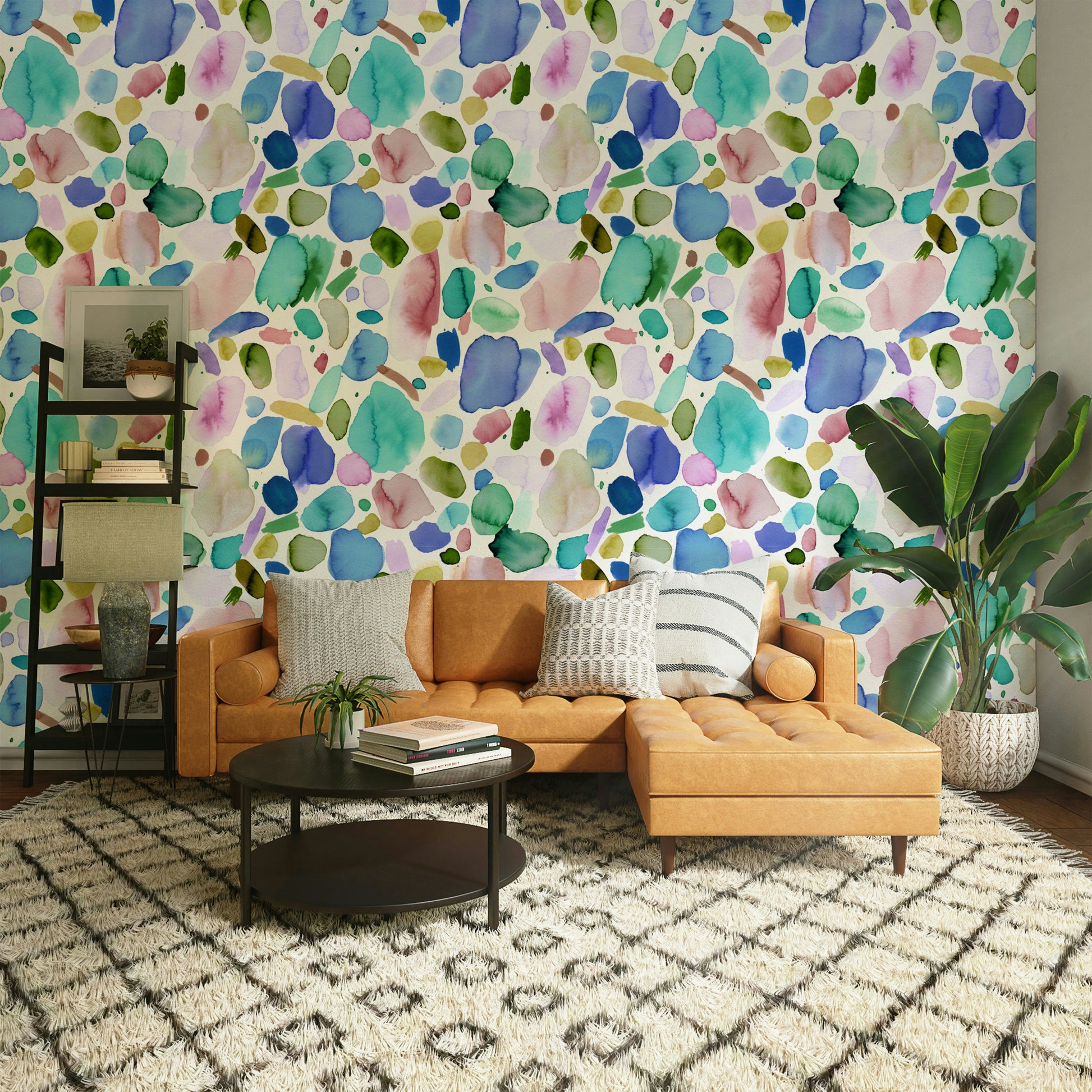 Freeform brushstroke mural in deep and soft blue hues.

