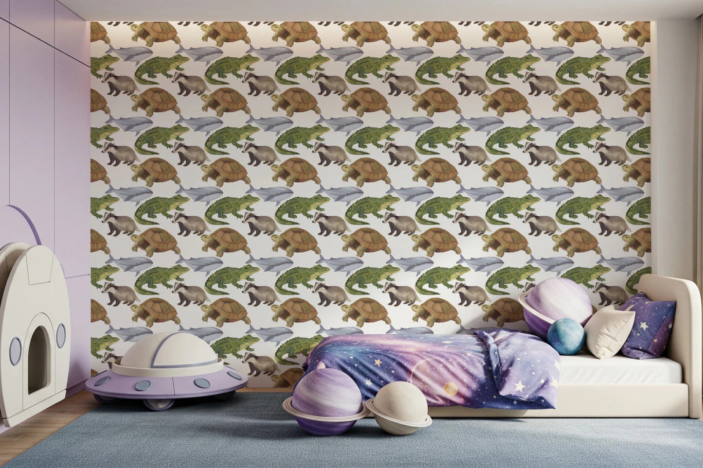 Whimsical whale and badger wallpaper for a kids room playful wildlife theme