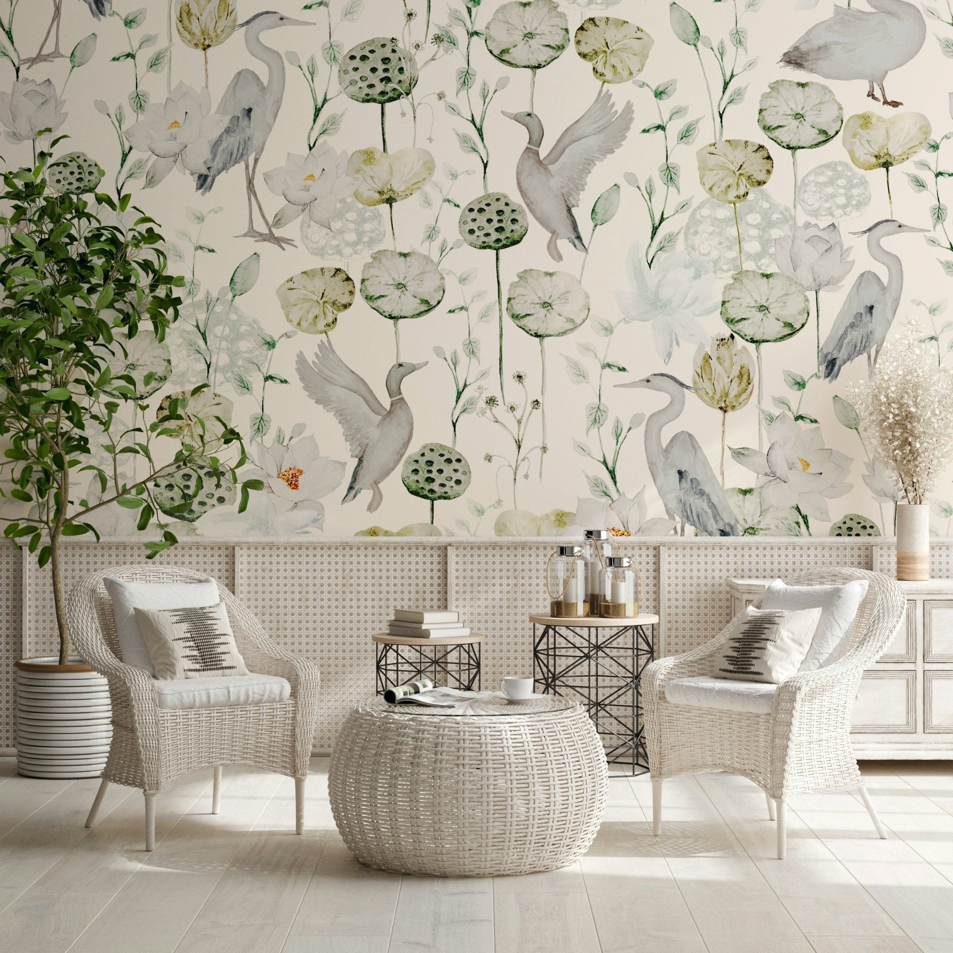 Decorative Watercolor Bird Haven wallpaper for walls with wildlife.