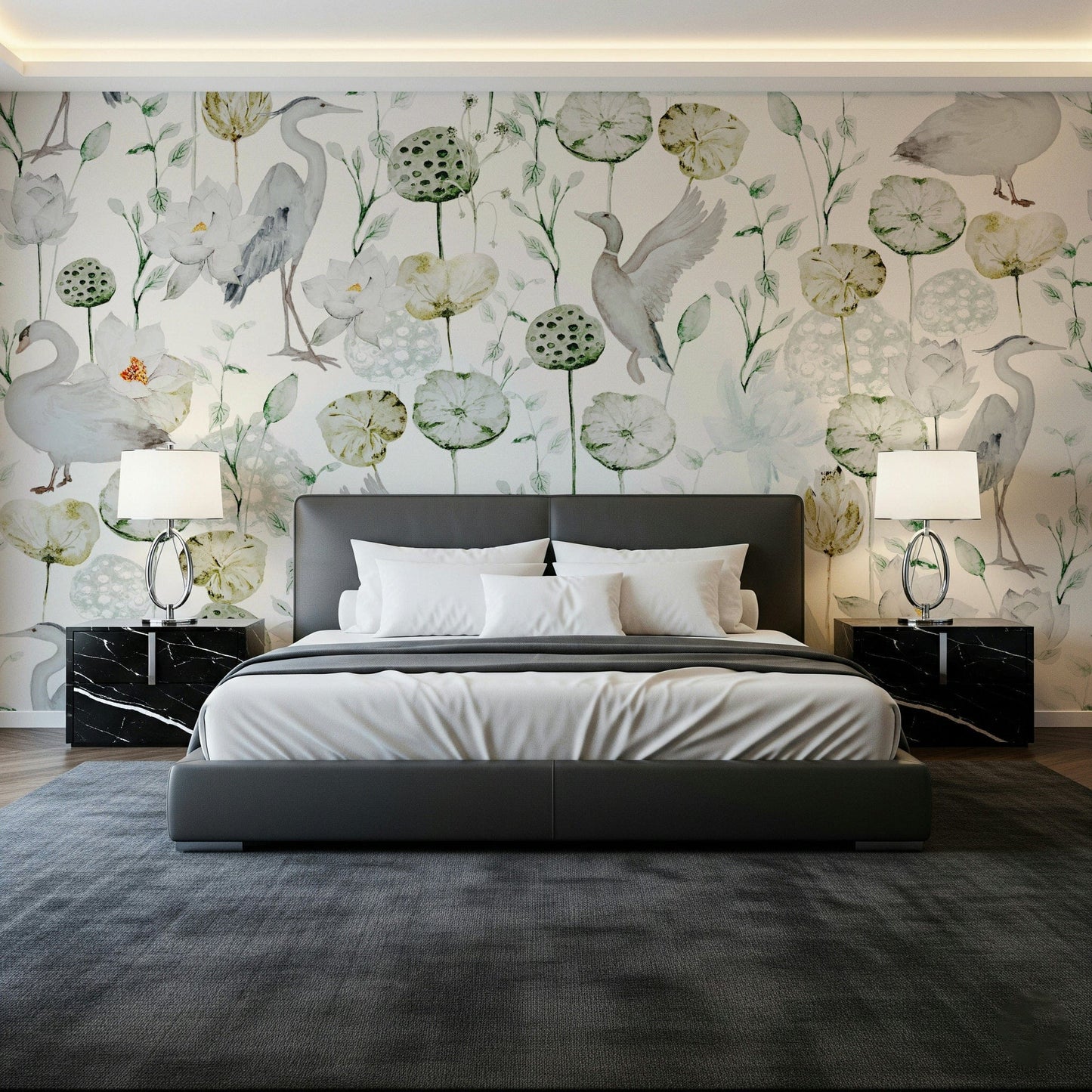 Muted green and beige Watercolor Bird Haven wallpaper for walls.