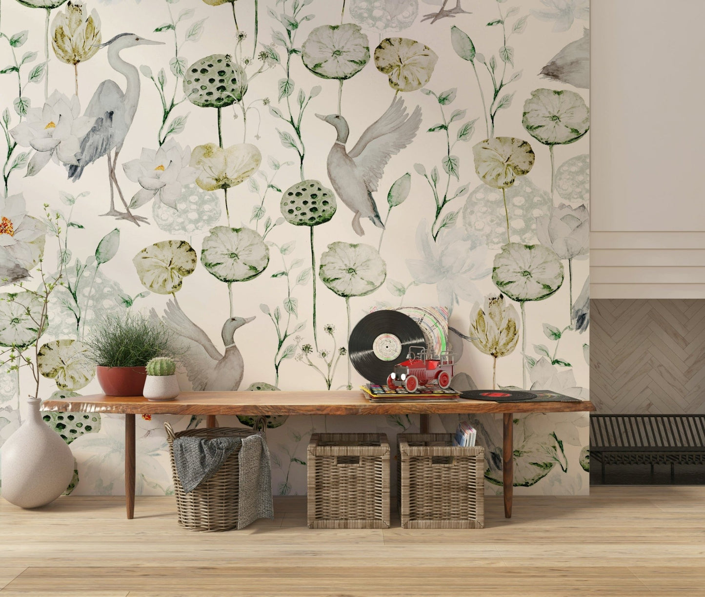 Luxury living room Watercolor Bird Haven paper with flying fowl.