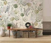 Luxury living room Watercolor Bird Haven paper with flying fowl.