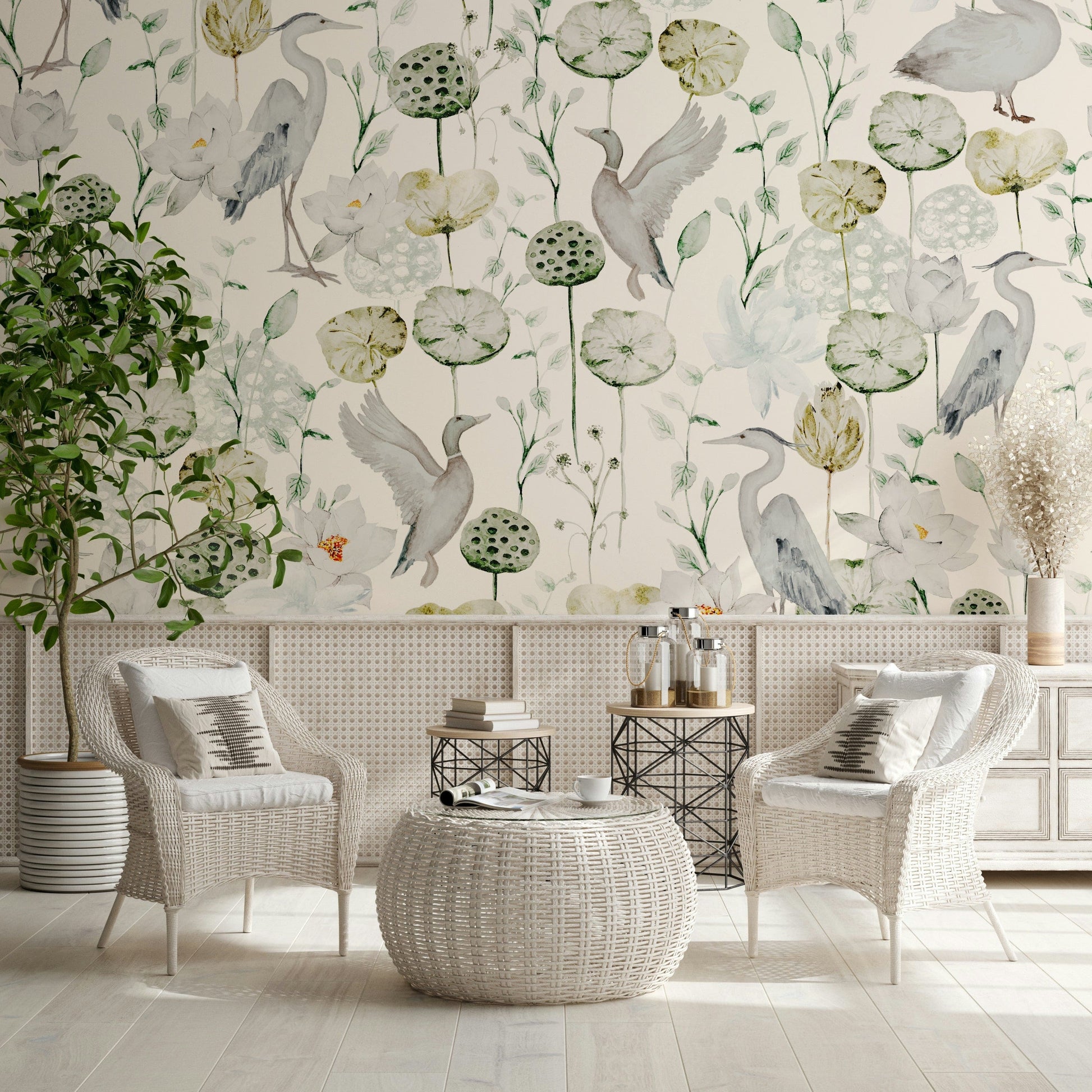 Decorative Watercolor Bird Haven wallpaper for walls with wildlife.