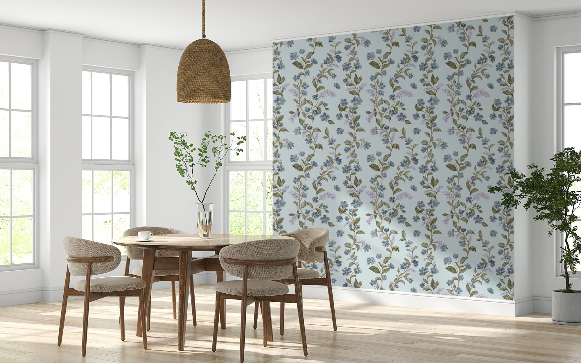 Watercolor Bloom Serenity wallpaper for walls subtle blue flower vine image.