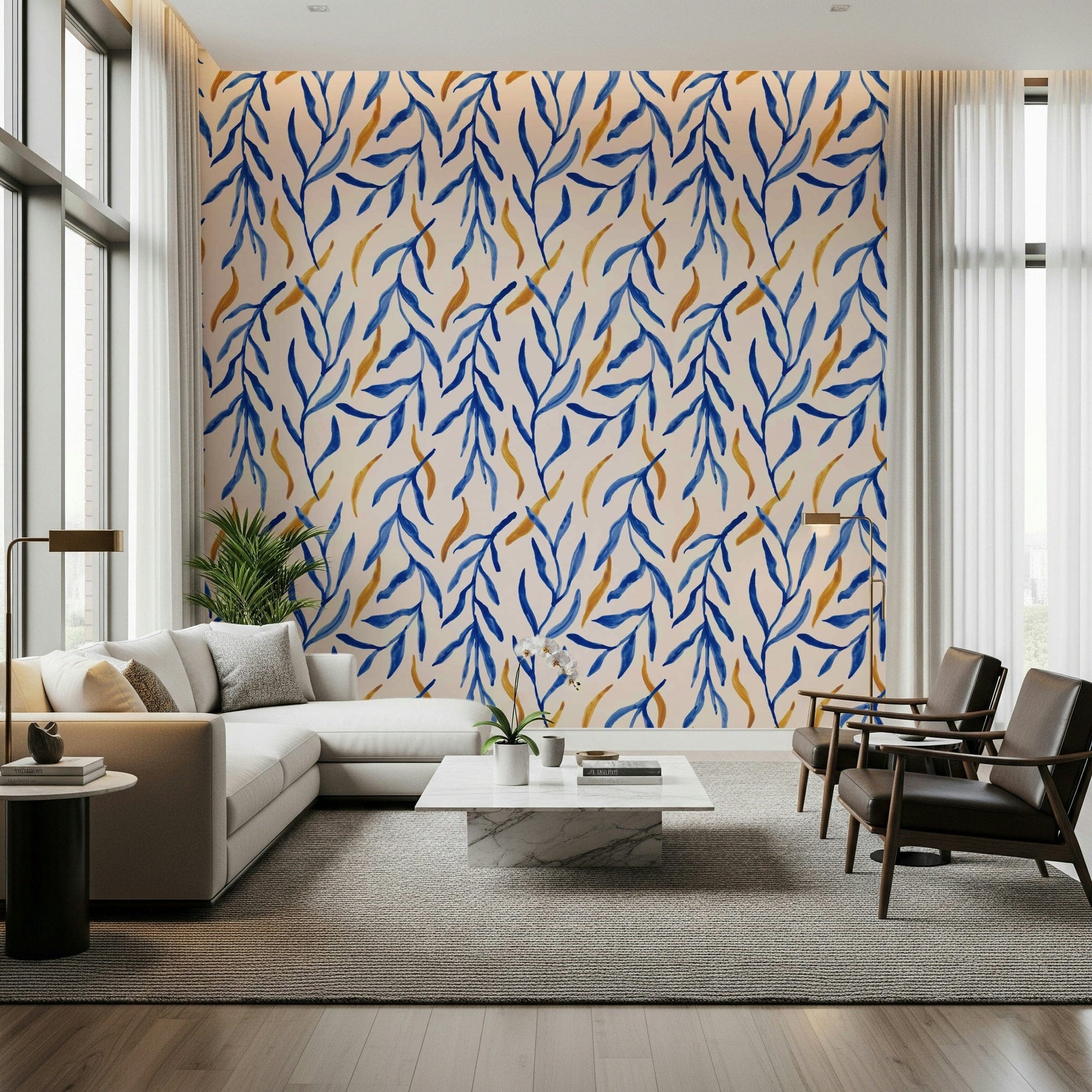 Watercolor blue and gold botanical wallpaper with soft painted leaves and elegant metallic accents.