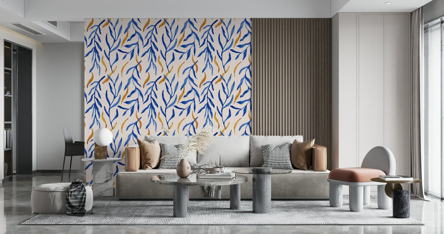 Blue and gold leaf pattern creating a refined, artistic wall design.