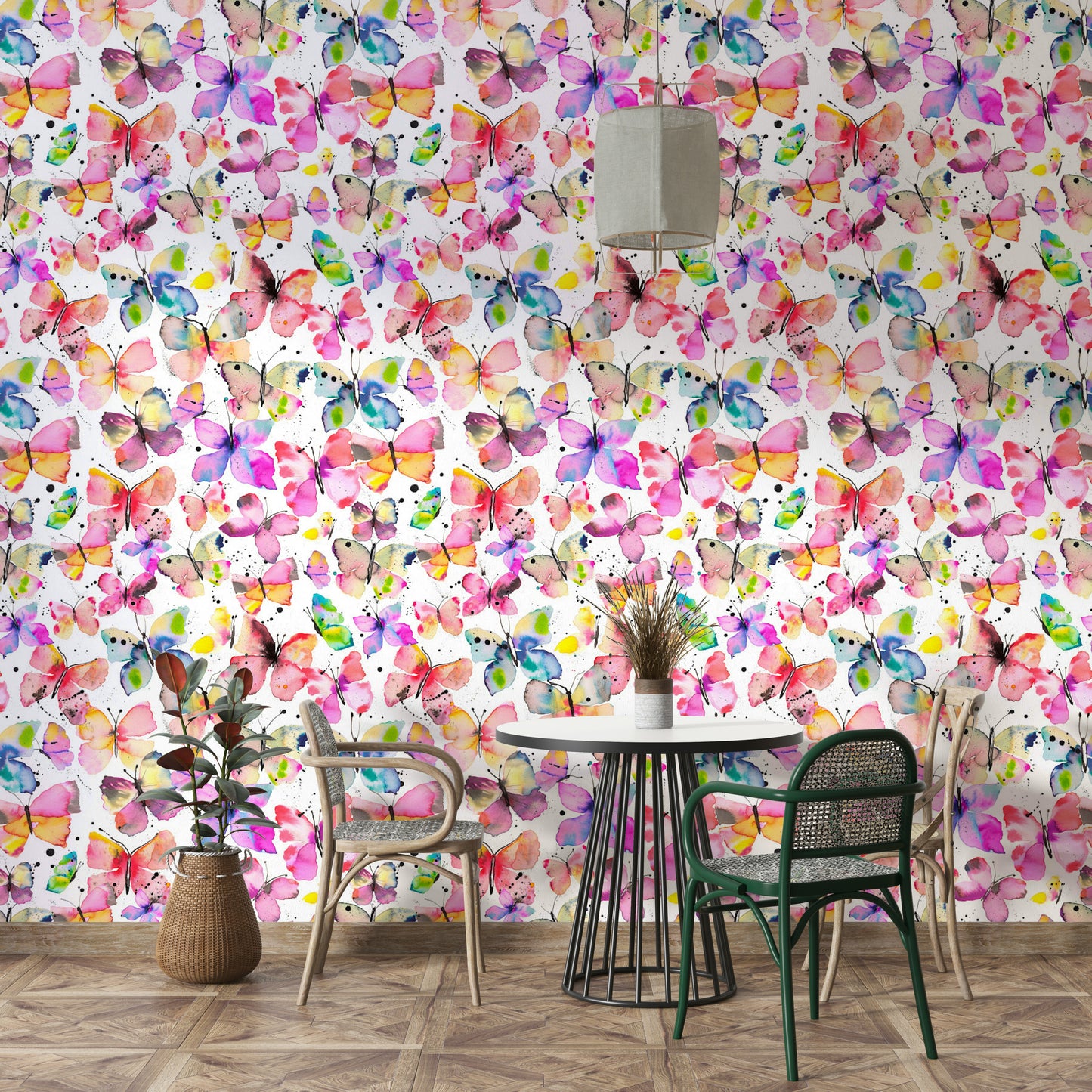 Hand-drawn butterfly wallpaper in pastel blues, pinks, and yellows.


