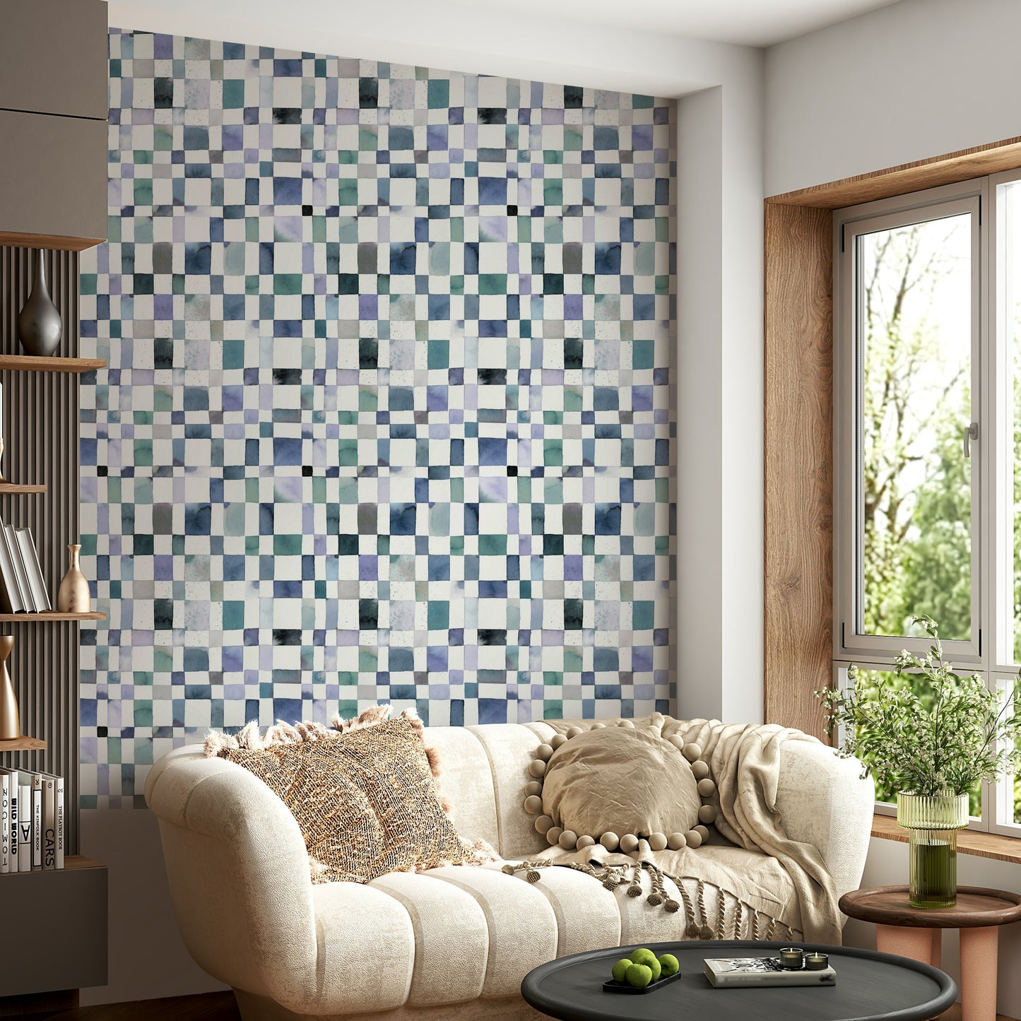 Geometric wallpaper featuring squares in calming blue tones.

