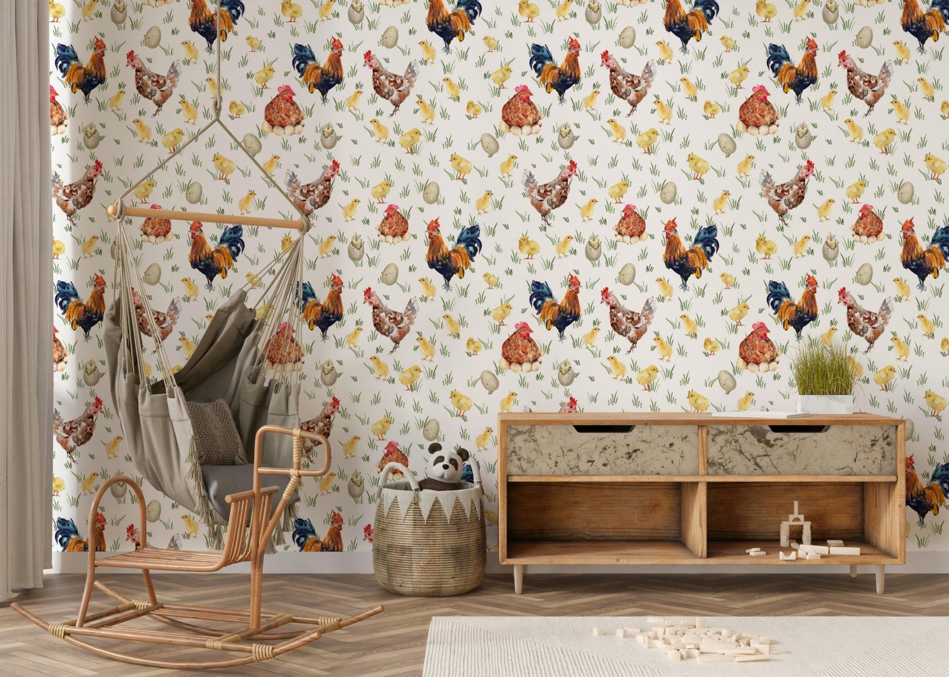 Kitchen Watercolor Chicken Coop mural vibrant colors nature.