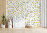 Gentle grass print Watercolor Chicks wallcovering with baby fowl artwork.