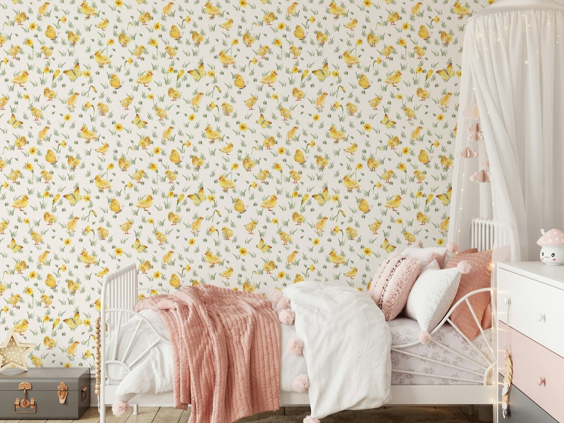 Artistic yellow butterfly and chick Watercolor Chicks Wallpaper for bedrooms.