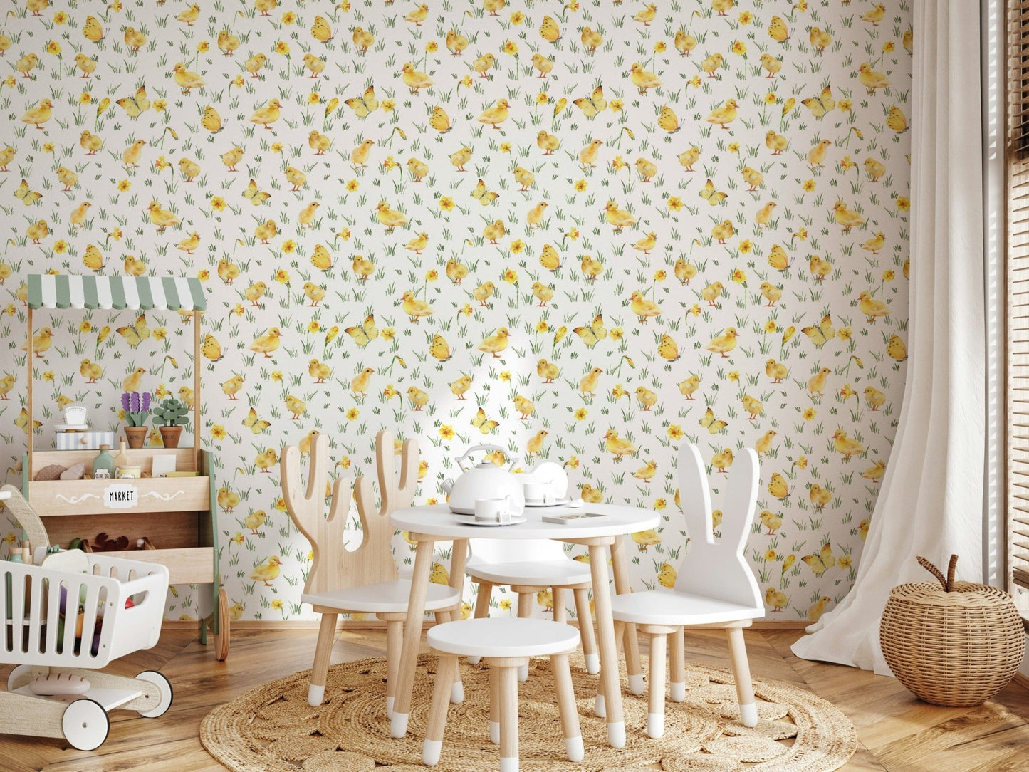 Adorable Watercolor Chicks peel and stick wallpaper featuring yellow butterflies.