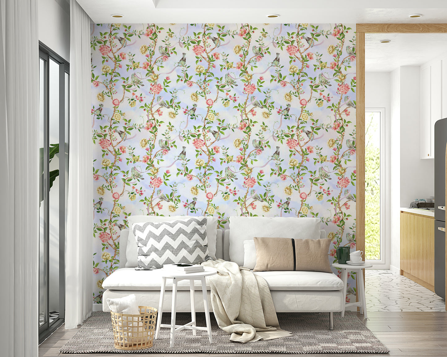 Elegant floral mural in soft pastel hues with chinoiserie influence.

