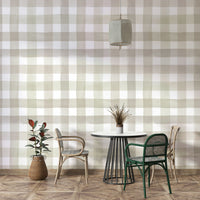 Neutral gingham wallpaper with hand-painted, watercolor effect.

