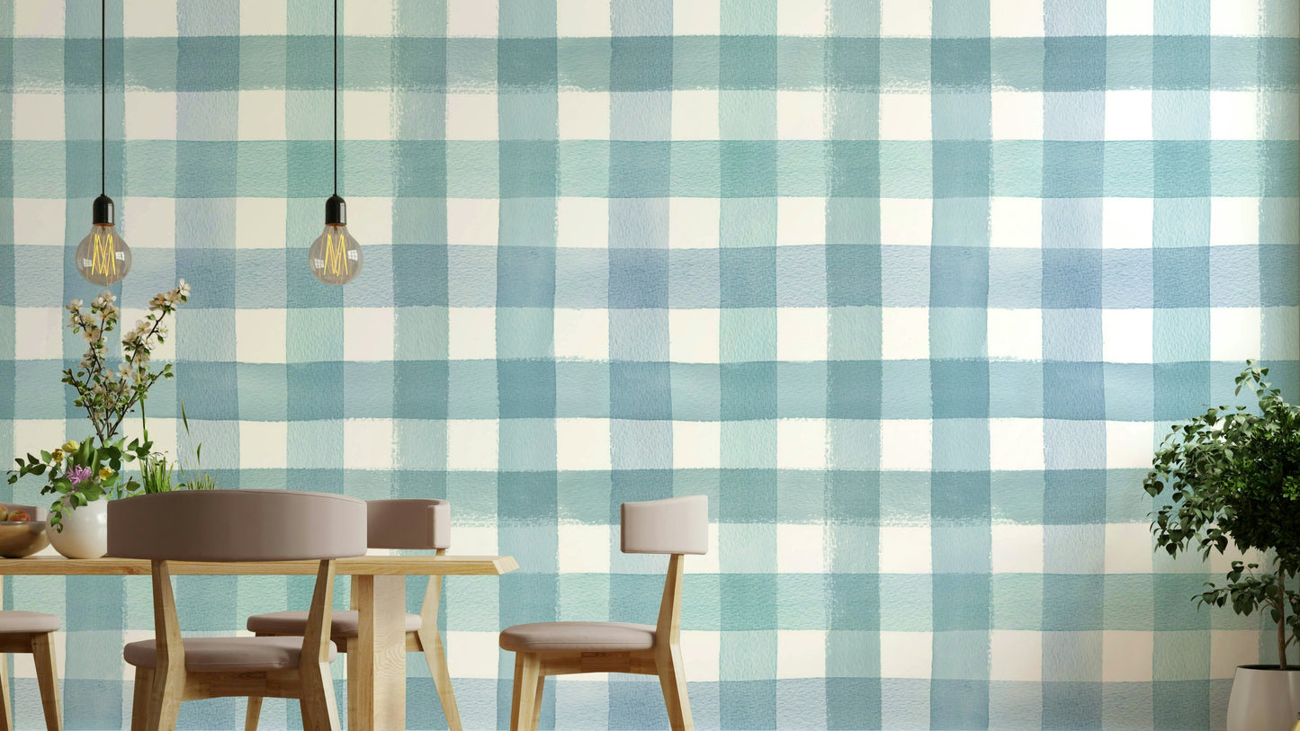 Watercolor Classic Gingham Blue Wallpaper with hand-painted blue checks.

