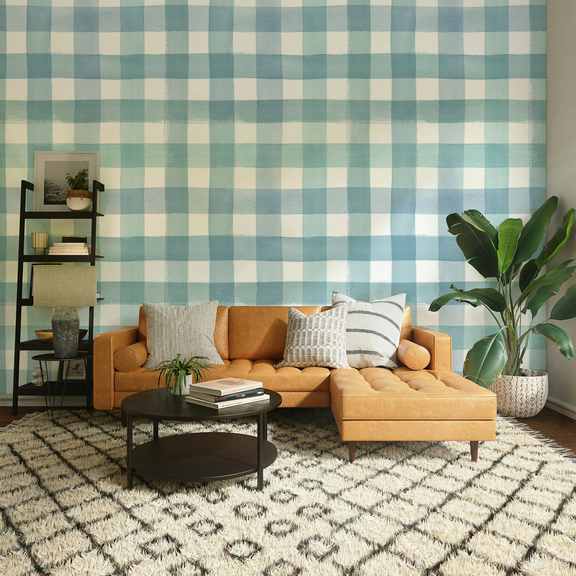 Wallpaper with traditional blue gingham in a modern watercolor style.

