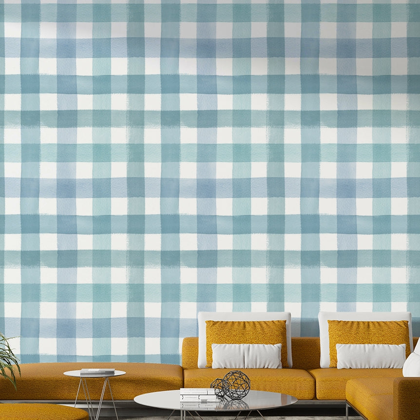 Classic blue plaid pattern with a subtle, artistic texture.

