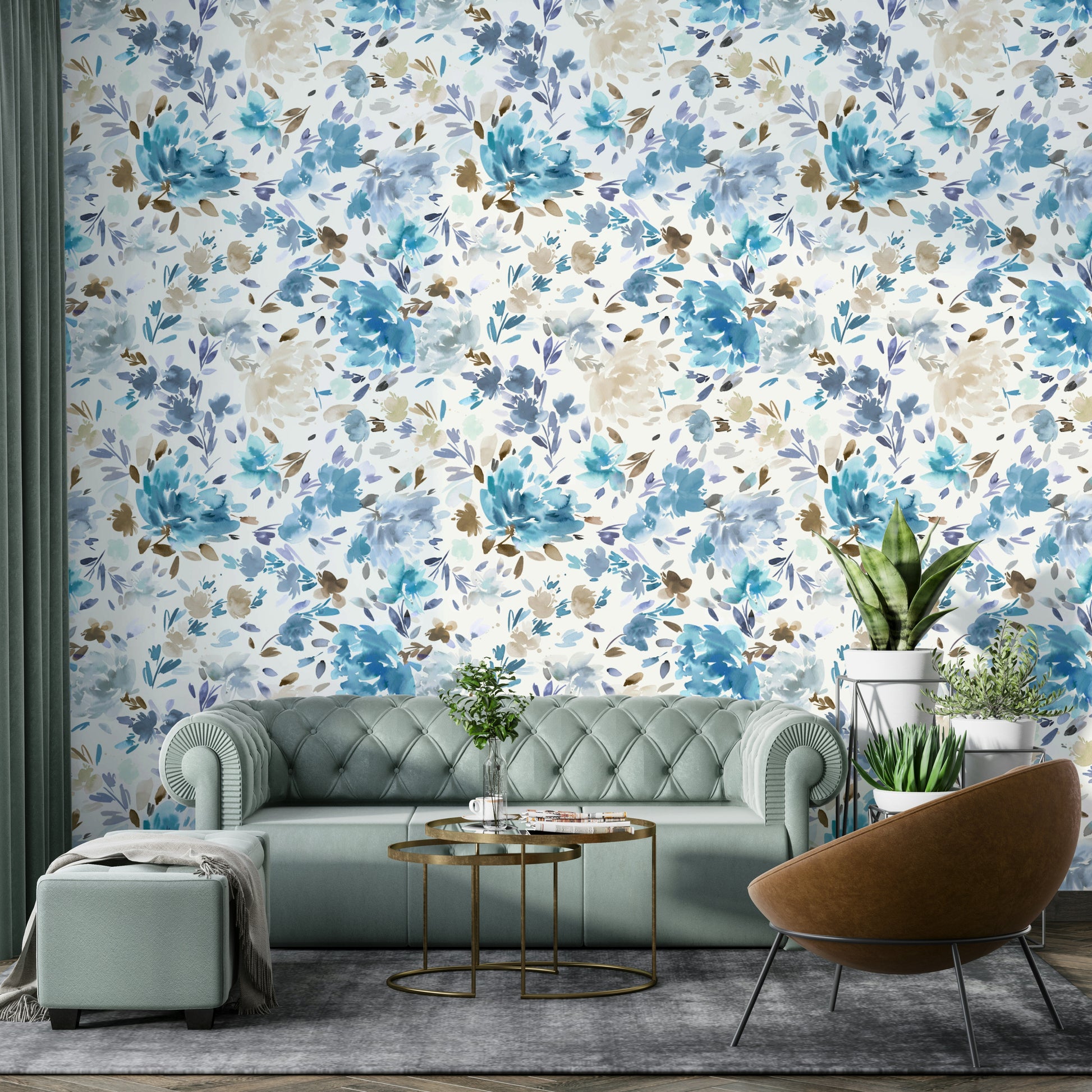 Wallpaper with gentle blue roses and green leaves on a light background.

