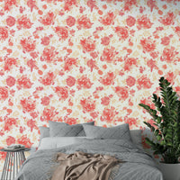 Elegant wallpaper featuring hand-painted coral roses and leaves.

