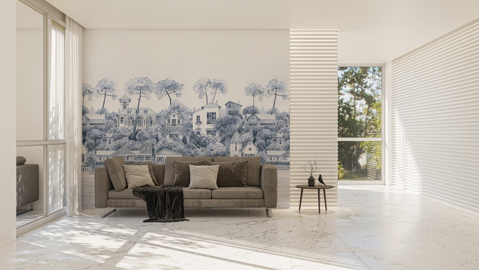 Watercolor coastal village mural design