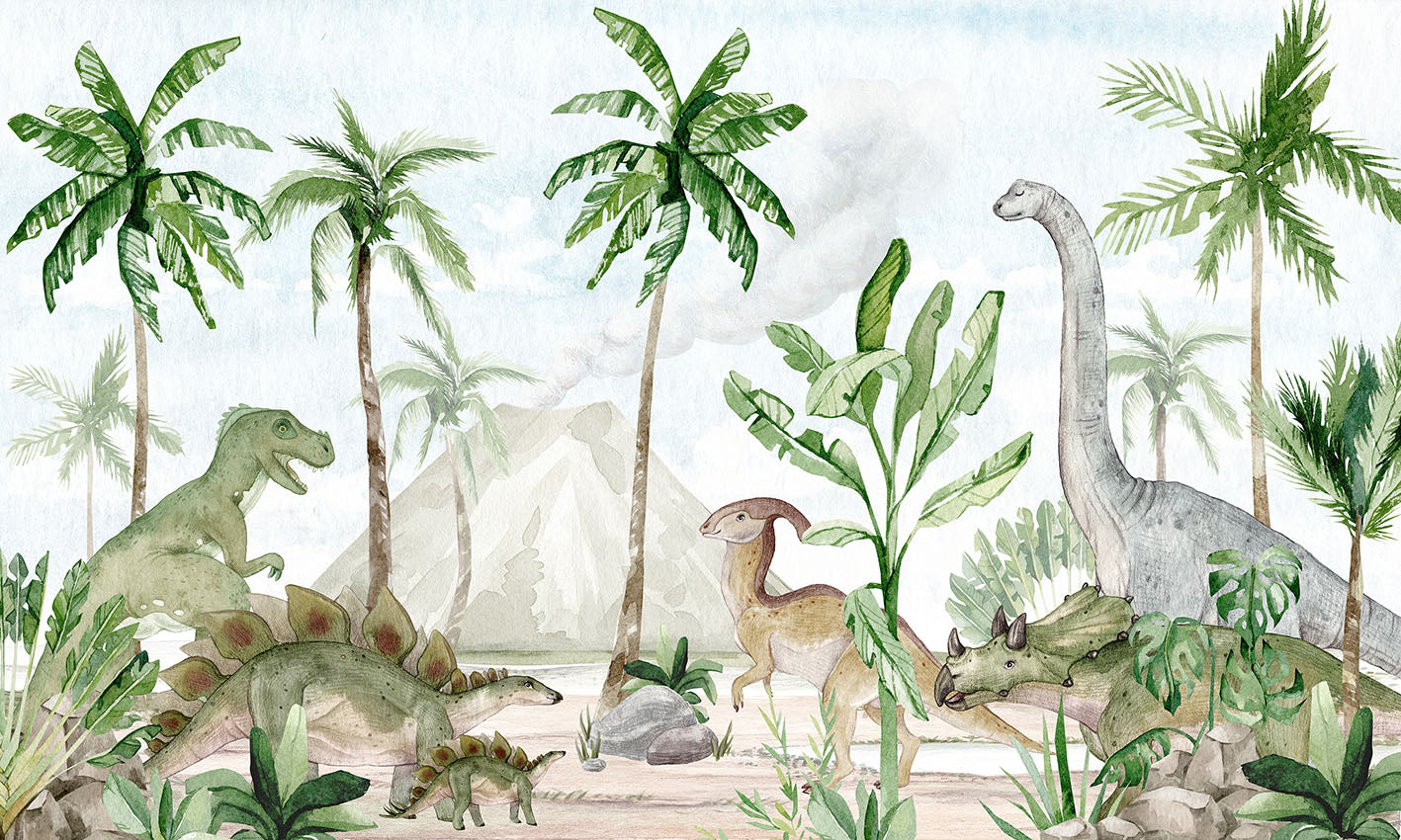Watercolor Dinosaur Forest Wallpaper