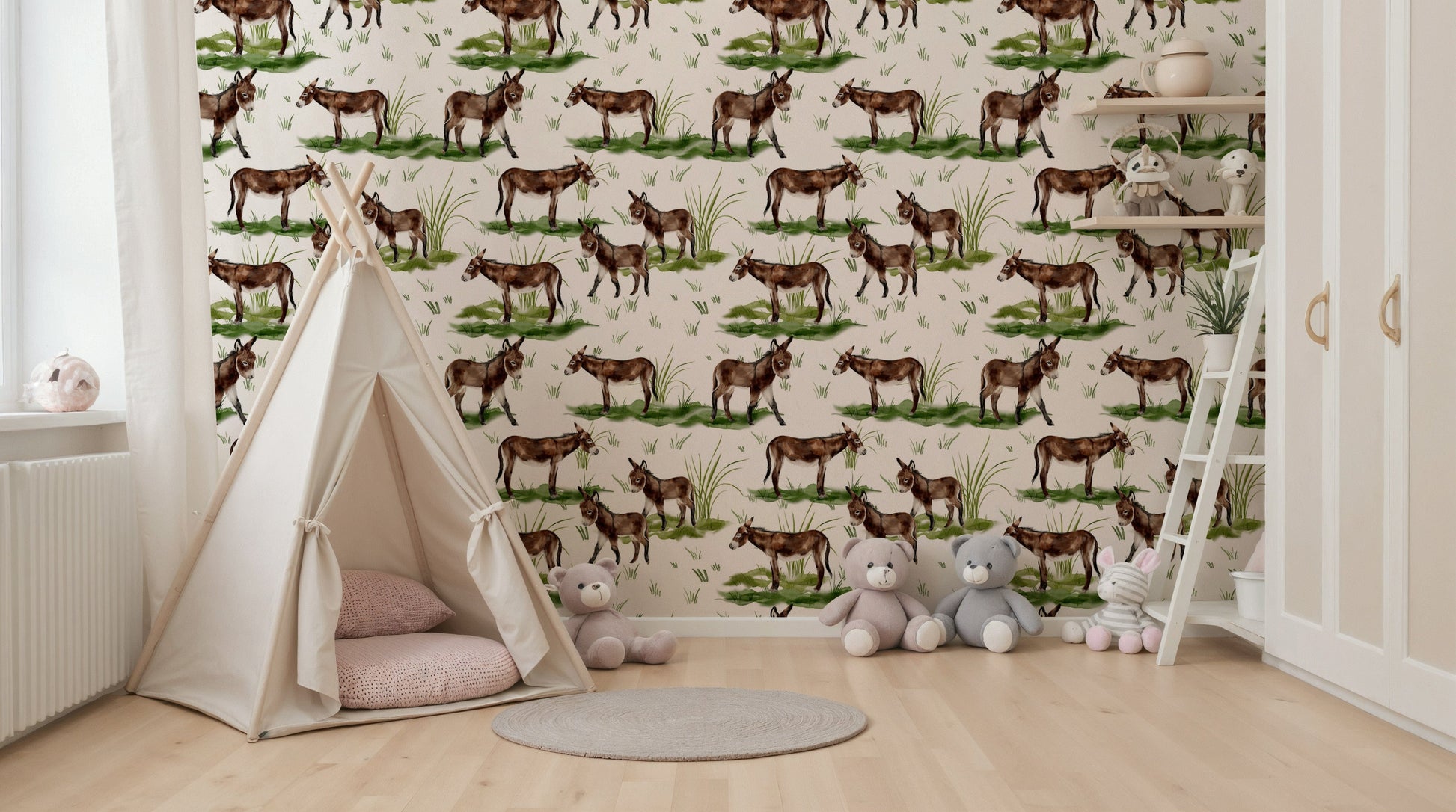 Earthy tones Watercolor Donkeys removable wallpaper.