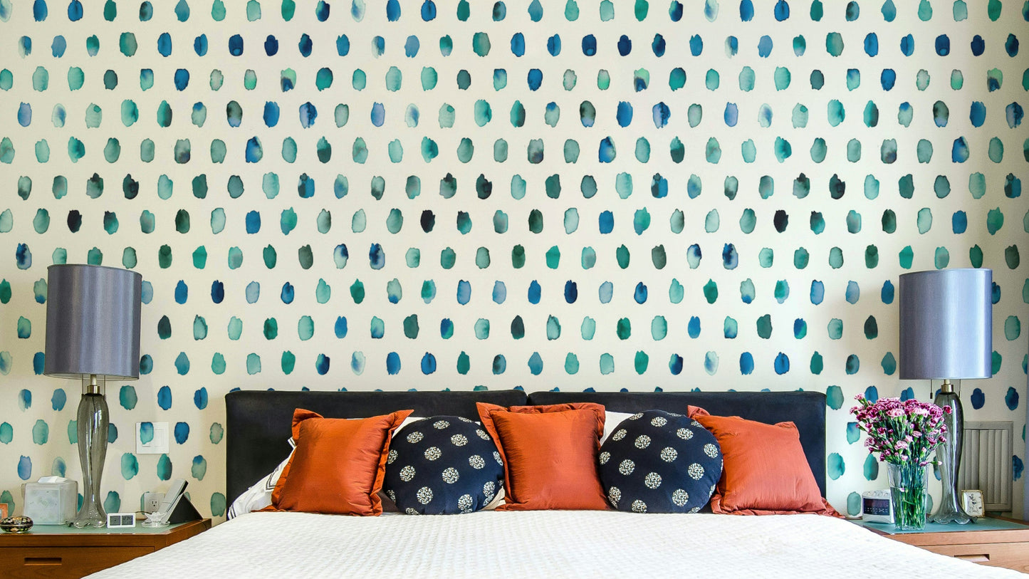 Watercolor Dots Palette Blue Wallpaper with soft hand-painted blue dots.

