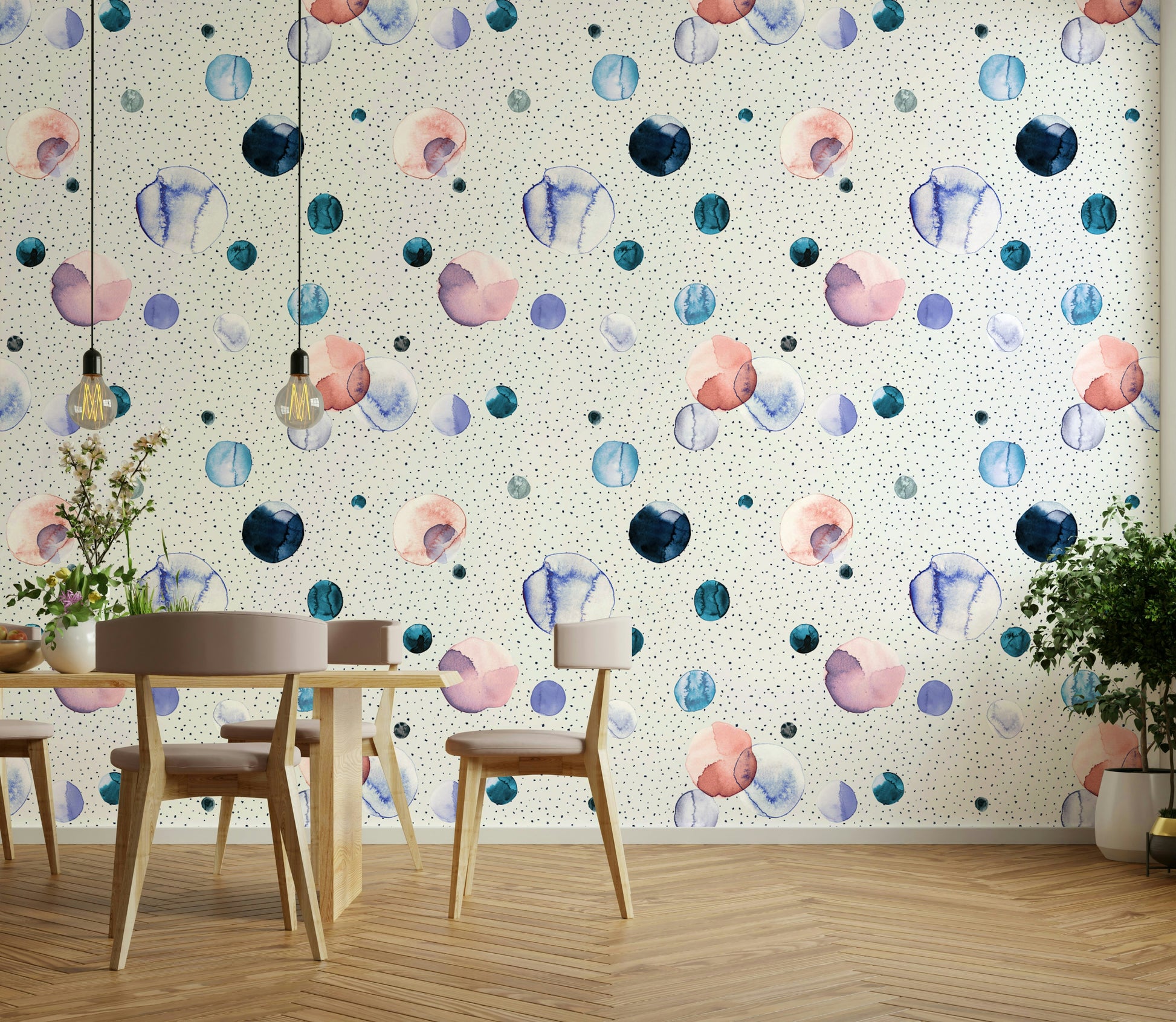 Space-inspired watercolor dot mural for a peaceful, cosmic look.

