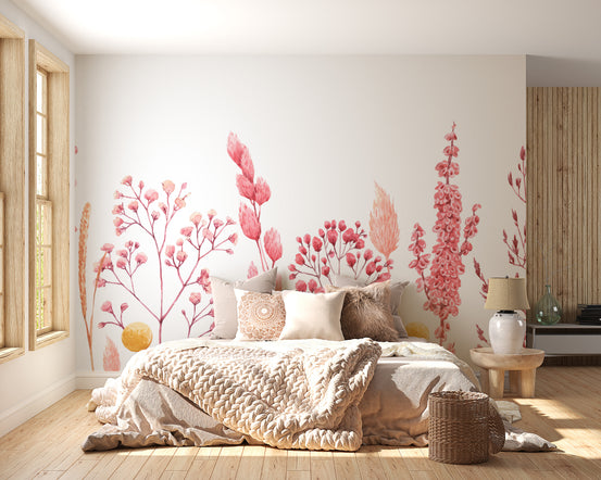 Watercolor Ears of Dried Flowers wallpaper mural behind a beige tufted bed in a bright wood-floor bedroom