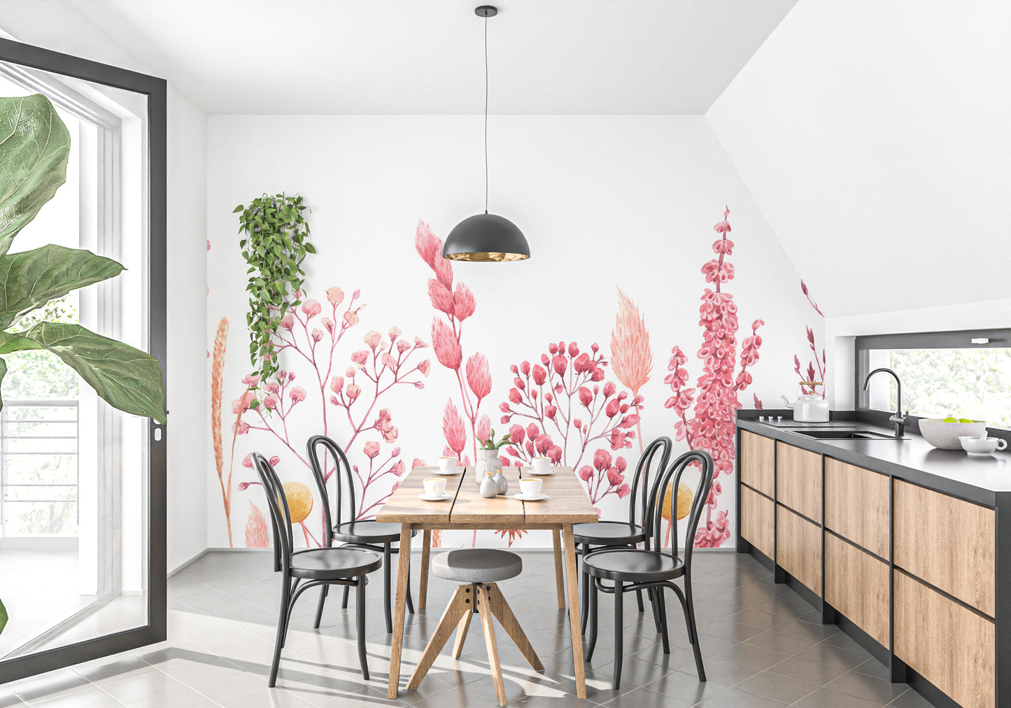 Watercolor wallpaper featuring pink and beige dried flowers.